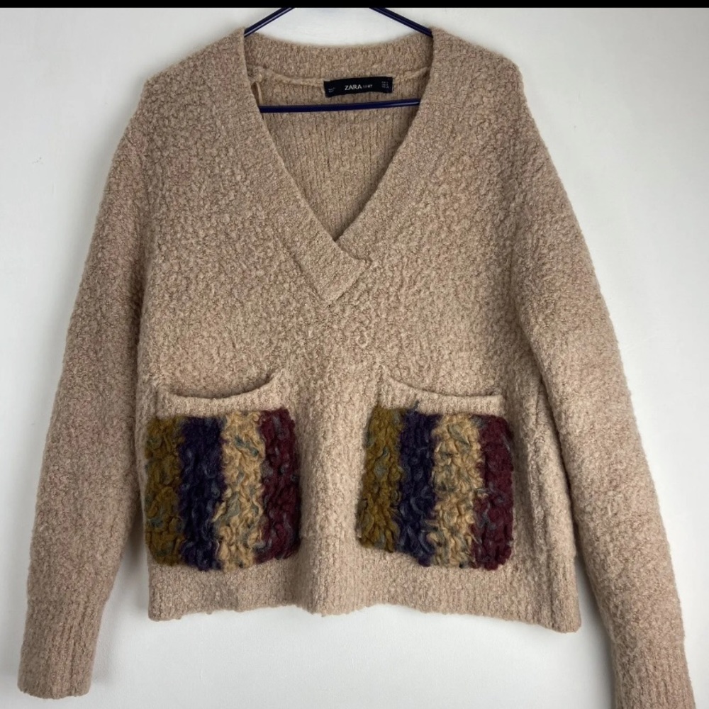 Zara Womens Beige Pullover V-neck Knit Sweater w/Multicolor Pockets SzSm (sku65)